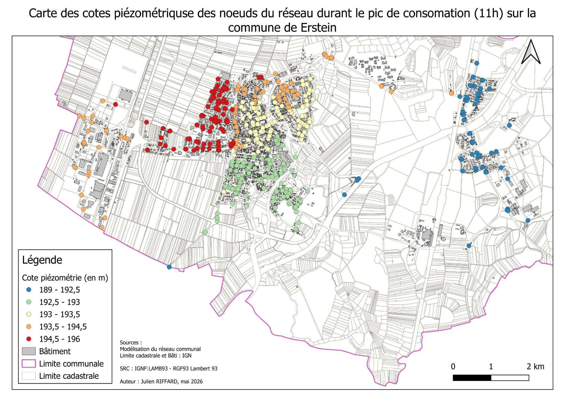 Cotes piézométriques du réseau d'eau potable d'Erstein